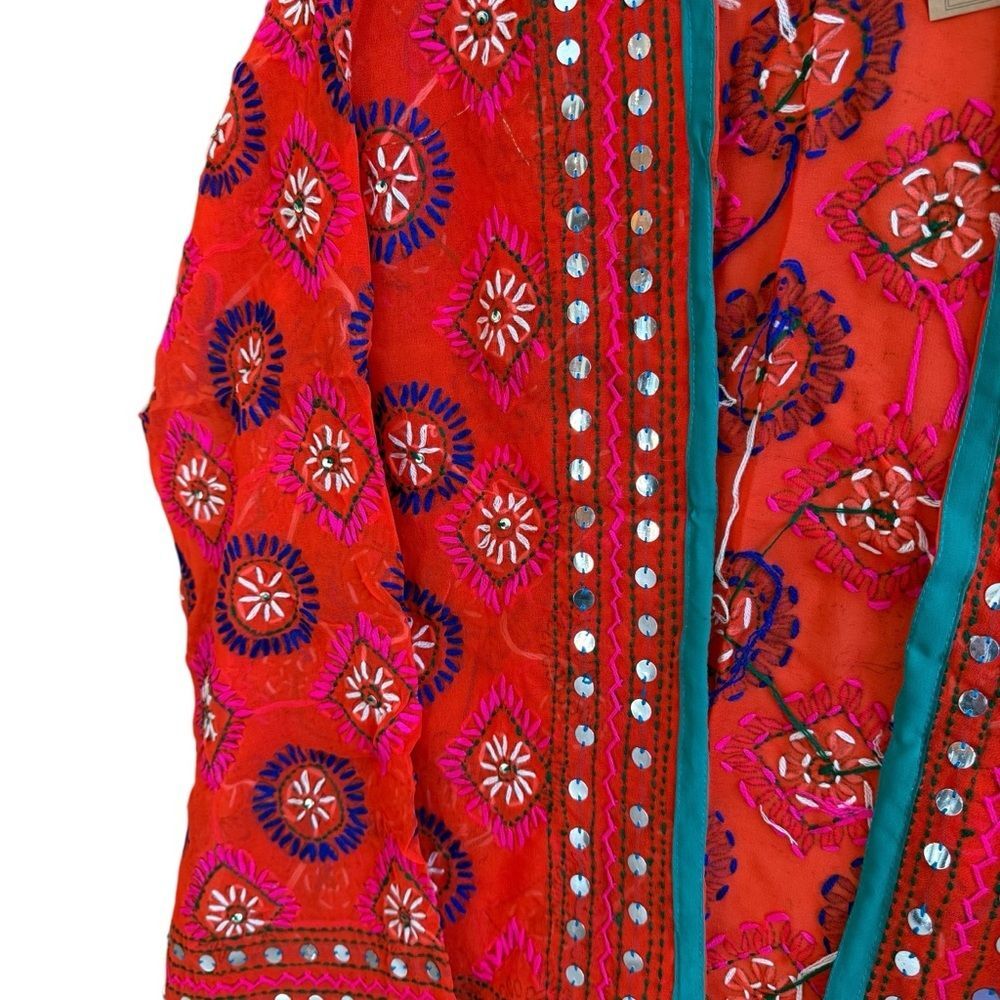 NWT Rhea Vibrant Rhea Red Hand-Embroidered Women's Kimono Style Sheer Jacket- OS - Picture 3 of 8